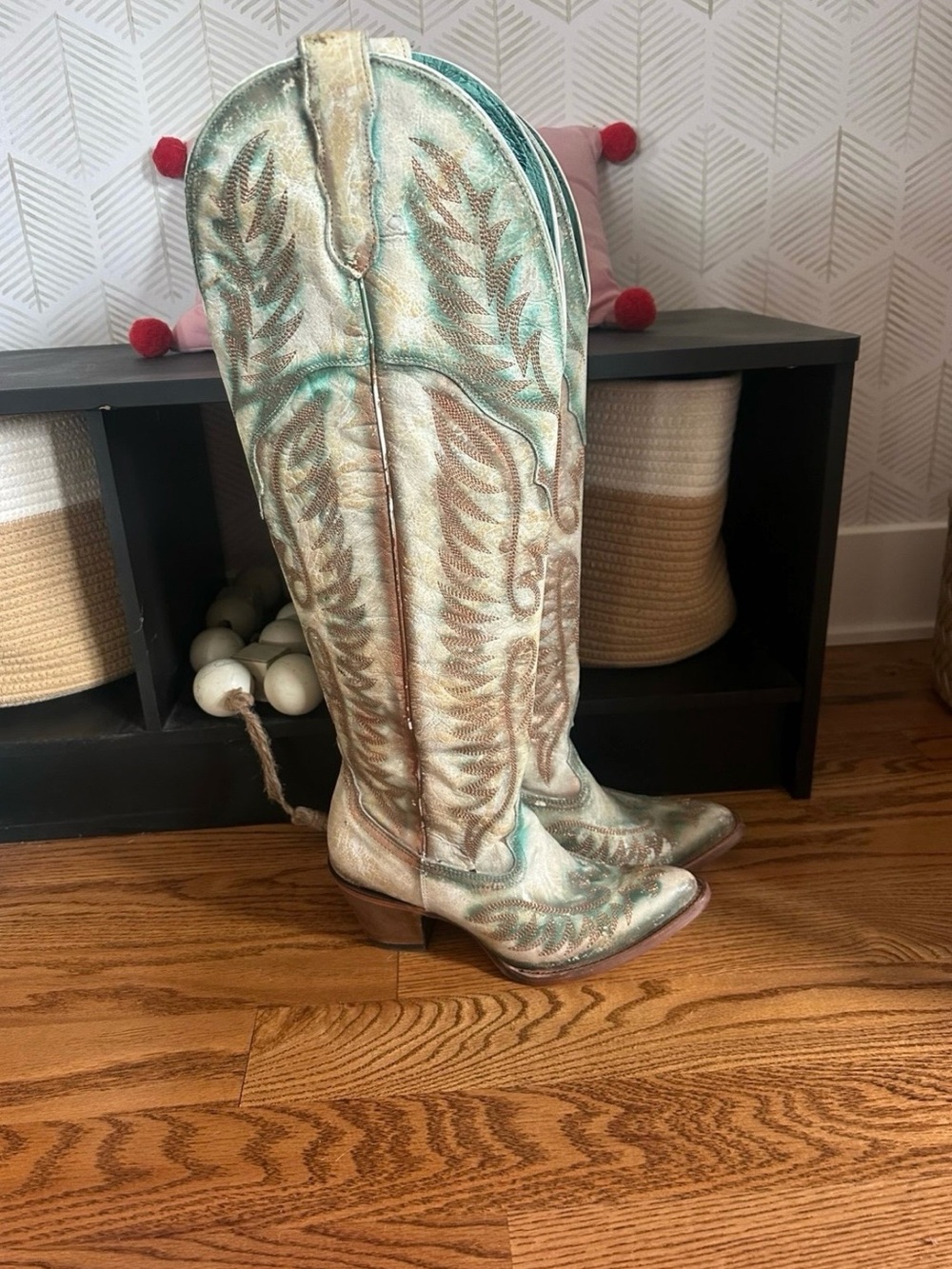 Corral Tall Embroidered Boots in Light Blue and Tan - Picture 2 of 7